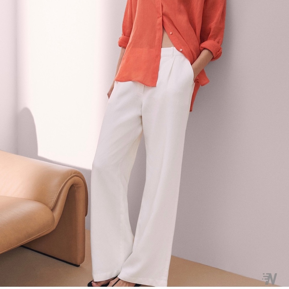 NEW MASSIMO DUTTI LOOSE-FITTING PANTS LYOCELL AND LINEN SIZE 6 CREAM KHAKI COLOR